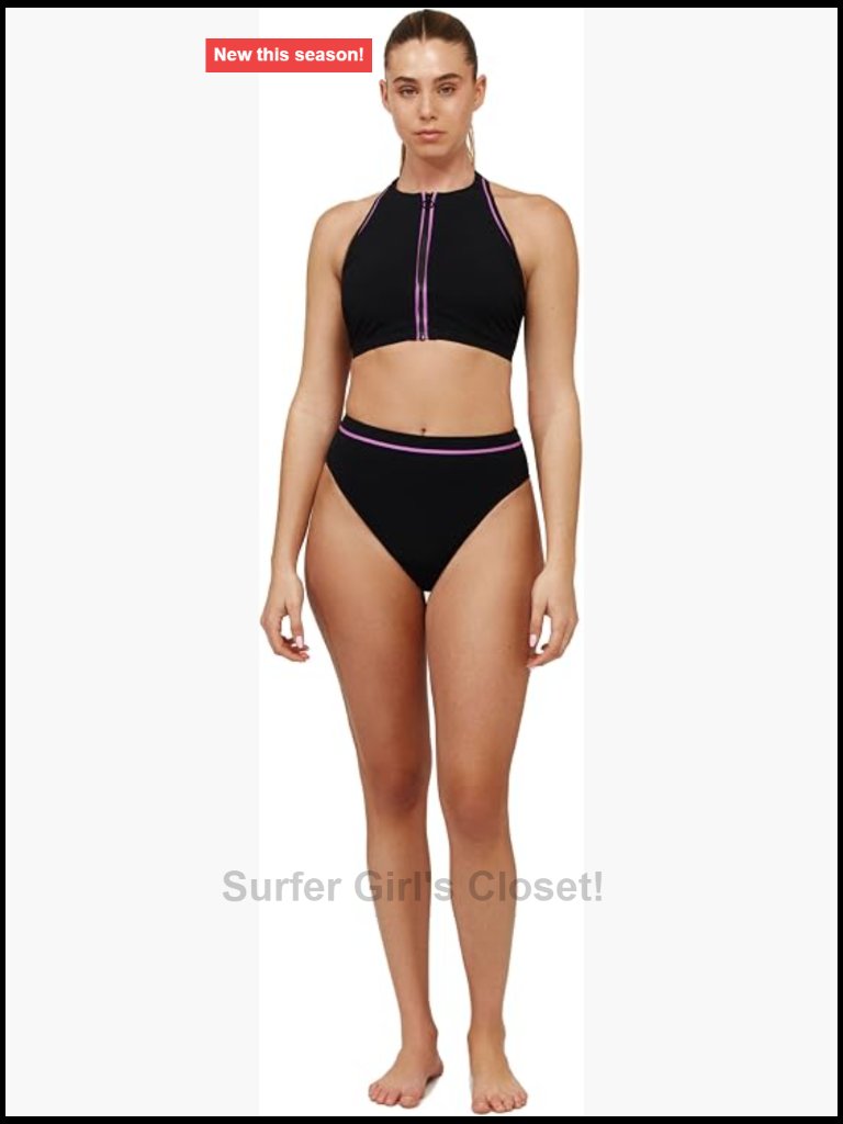 High Neck Bikini Top With Removable Soft Cups, Front Zipper, Lined